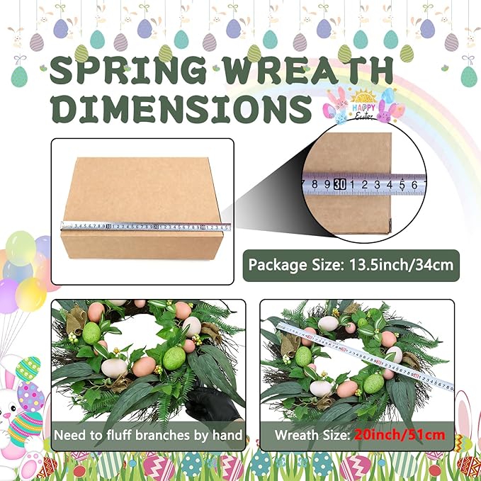 20 Inchs Spring Easter Wreath, Farmhouse Artificial Spring Wreath, Decor with Colorful Easter Eggs, Brown Fabric Strips & Green Eucalyptus Leaves, for Door Wall Window Fences