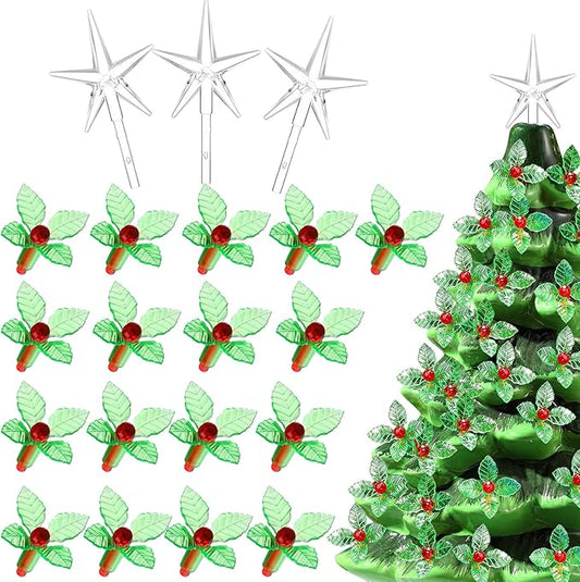 125 Piece Ceramic Christmas Tree Replacement Lights - Red Holly Bulbs & Star Toppers - Medium Size - Green & Red - Christmas & Occasion Decorations