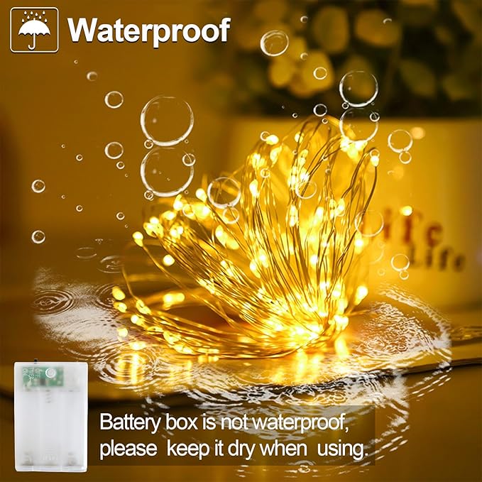 YAOZHOU Christmas Decorations Warm White Fairy String Lights, Battery Operated with Timer, 2 Pack Total 33FT 100 Led Mini Battery Powered Mason Jar Waterproof Firefly Lights DIY Party