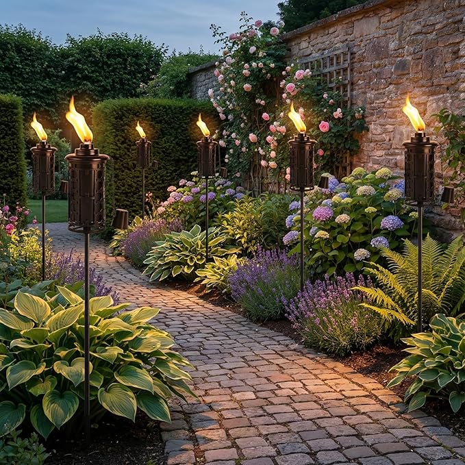 6-Pack Upgraded Home Garden Torch, Black Outdoor Metal Torch Garden Décor, 59-Inch Citronella Torches with 3-Prong Grounded Stake, Light Torches for Party Patio Pathway (More Stable)