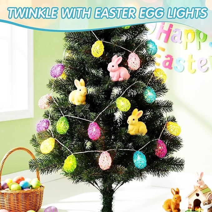 Easter Egg String Lights - 9.8ft 20 LED Candy Color Rattan Egg Lights, Battery Powered, Steady Flash Modes Portable for Easter Spring Home Party Table Window Mantel Decoration