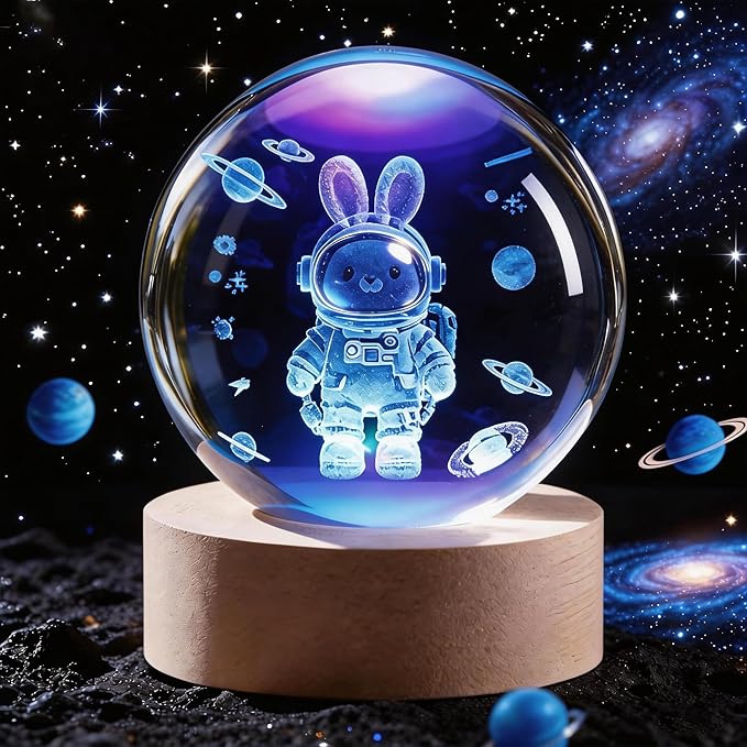 Easter 3D Crystal Ball Rabbit Decor Night Light, Easter Night Light Space Bunny Astronaut Gifts for Kids, Birthday Gift for Boy Gifts for Him Her Boyfriend Girlfriend