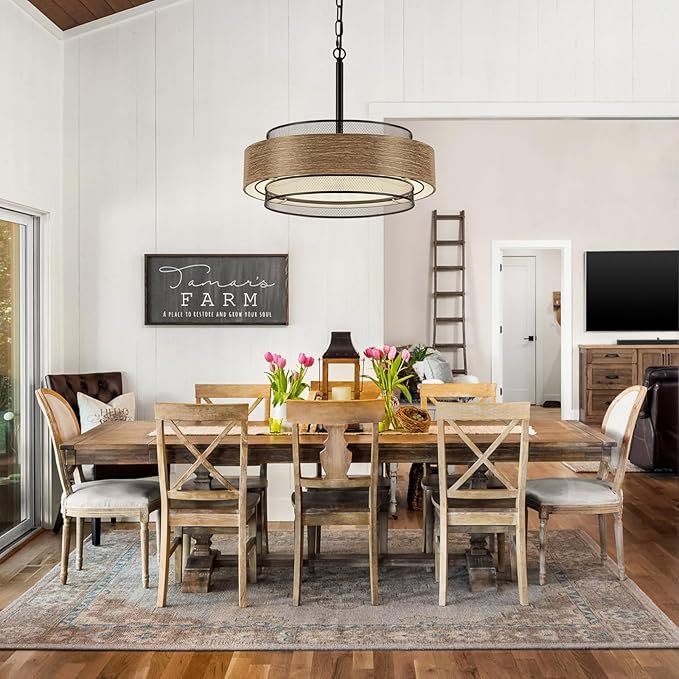 19.7 inch Farmhouse Chandeliers for Dining Room, 5-Light Rustic Large Round Black Chandelier Metal Wood Texture Interior Hanging Lighting for Entryway Kitchen Island Foyer Bedroom Living Room