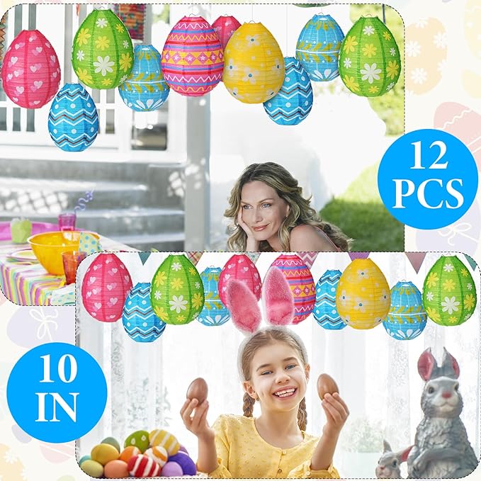 Wenqik 12 Pcs Easter Egg Paper Lanterns Party Decorations 10 Inch Spring Colorful Flower Dot Decorative Ceiling Hanging Lanterns for Home Easter Birthday Party Supplies, 6 Styles(Cute)