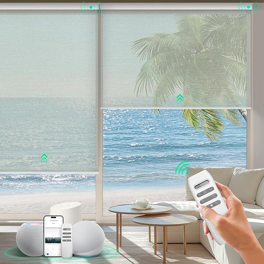 HeyBlinds Motorized Roller Shades, Smart Blinds for Windows, Remote Automatic Window Shades, Electric Shades, Light Filtering, Compatible with Alexa Google Apple Home (Mist-Light Gray LF)