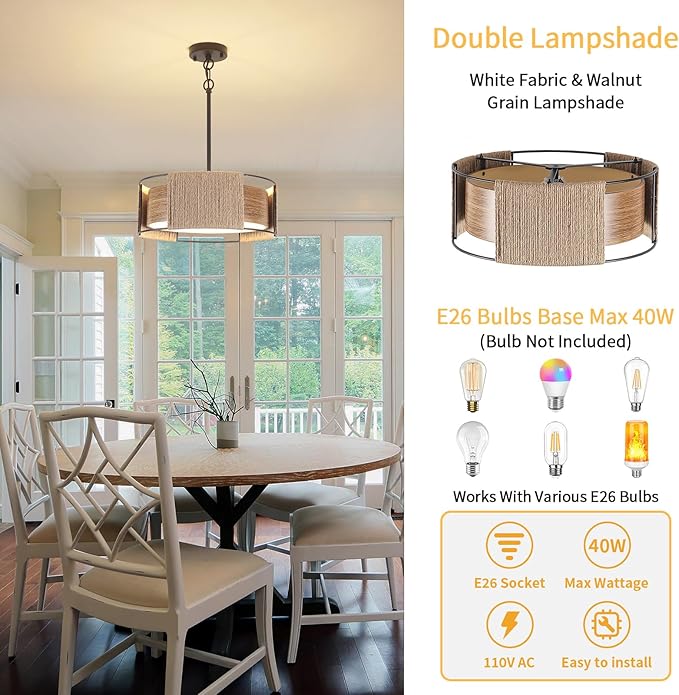 Rattan Chandelier 3-Light, 15.74'' Dual-Layer Shade Rustic Rattan and Metal Wood Grain Round Pendant Light Kitchen Island Lighting Hanging Drum Chandeliers for Entryway Foyer Bedroom Living Room