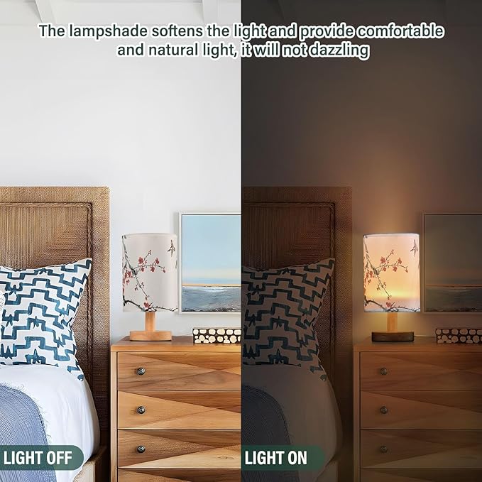 Bedside Table Lamp Japanese Cherry Blossom Nightstand Lamp with Wood Wintersweet Bird Vinter Floral Desk Lamps for Bedroom Living Room Nursery Office Home Decor