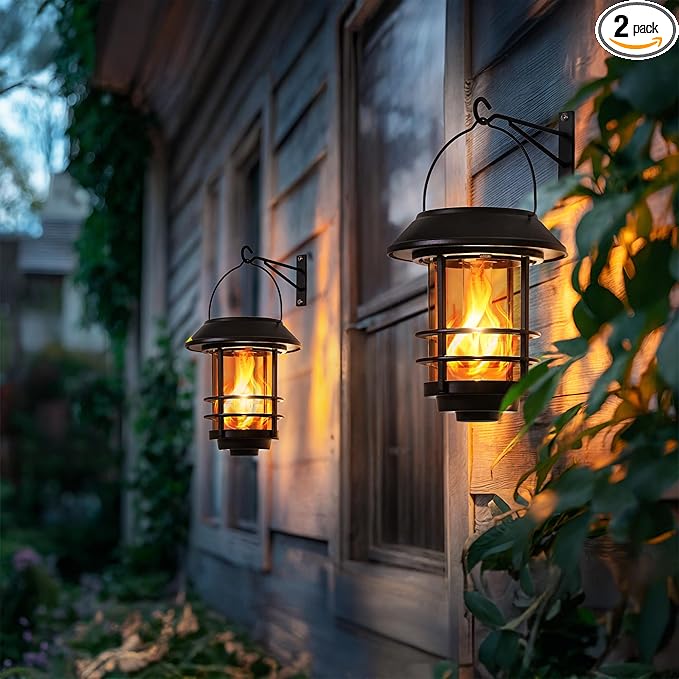 Otdair Solar Lanterns Outdoor Waterproof, 2 Pack Flickering Flames Wall Garden Decor with Glass Shade, Hanging Solar Lights Wall Mount Decorations for Halloween, Front Porch, Patio, Yard