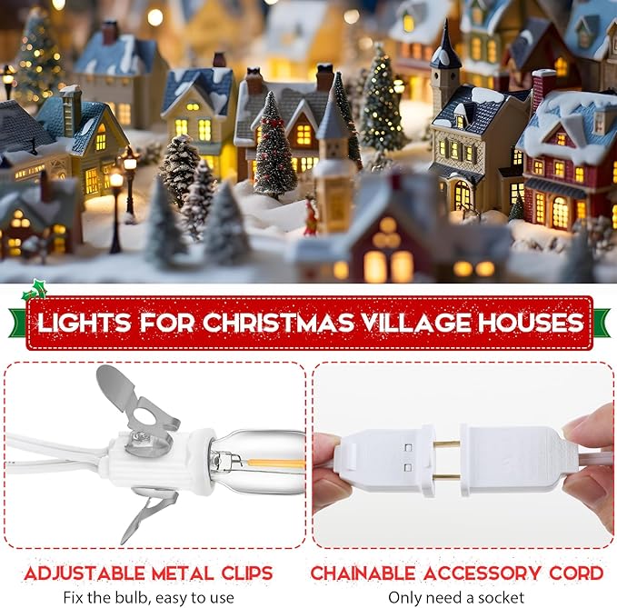 Meonum Accessory Cord with 3 LED Bulbs, 8.2 Ft Christmas Village Light with 2 Fuses, End to End Connected Blow Mold for Christmas Village Craft, Holiday Ceramic Trees