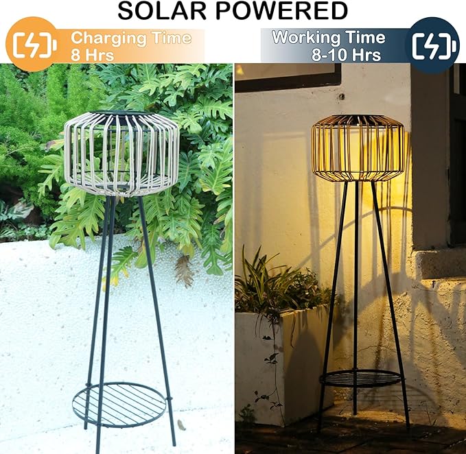 Outdoor Floor Lamp Outdoor Solar Lights Rattan Lamp with Plant Stands Metal Tripod Outdoor Floor Lamps for Patio Yard Deck Porch Walkway Driveway Garden Decor