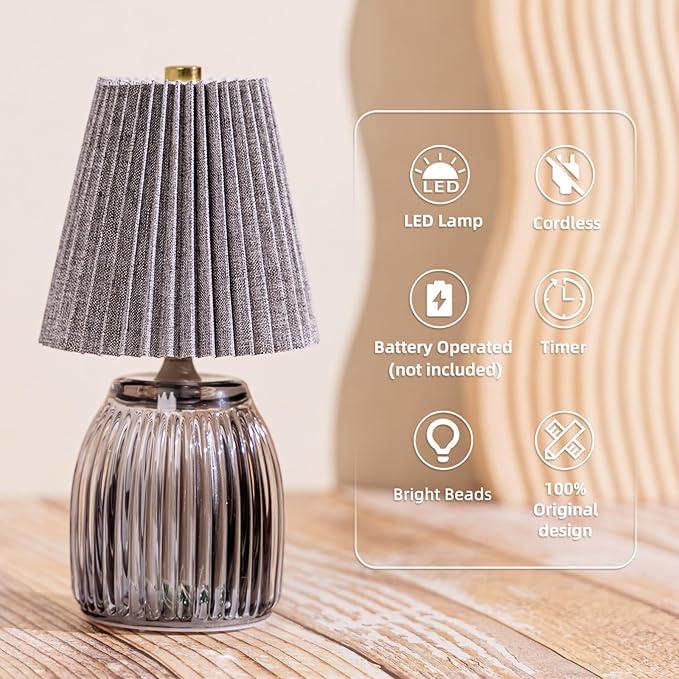 MJ PREMIER Small Battery Operated Lamp Cordless Lamp with Timer Pleated Lamps for Shelf Decor 8.7 inch High Battery Powered Lamps Emergency Light with Glass Base for Bathroom Livingroom Grey