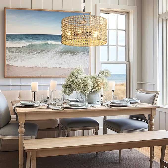 17.7" Rattan Dining Room Light fixtures, 5-Light Hand Woven Pendant Lights Kitchen Island Rattan Boho Chandelier Bohemian Hanging Ceiling Lights Wicker Lighting for Restaurants Living Room