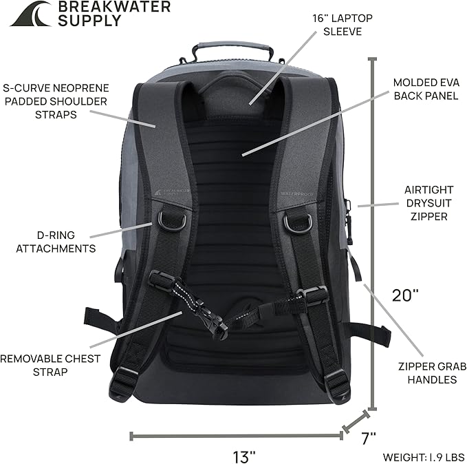 Breakwater Supply™ Waterproof IP68 Submersible Backpack with Airtight Zippers | Laptop Travel Outdoors | Fogland 25L 20L 15L | 100% Waterproof, Submersible, Airtight Zippers, Travel Outdoors