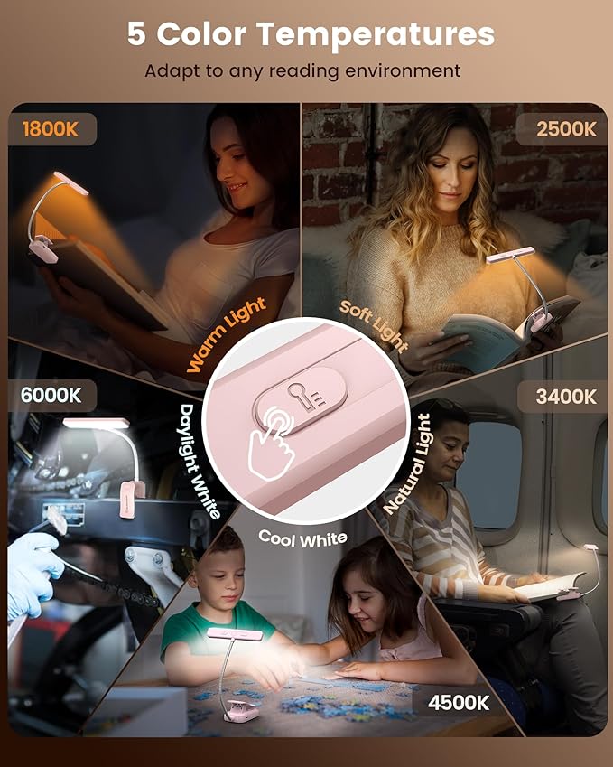Glocusent 26 LED Book Light, 1200 mAh 90 Hrs Lasting Rechargeable Reading Light, 5 Amber Colors & Stepless Dimming Book Reading Light - Portable Clip on Light for Book Lovers Kids-Pink