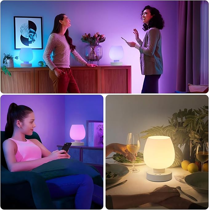Cordless Touch Bedside Table Lamp Set of 2, Rechargeable Battery Operated Desk Lamps with 8 RGB Colors, Dimmable Small Glass Nightstand Light for Living Room Bedroom Kitchen Counter