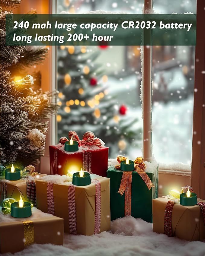 Green LED Candles, 12 Pack Tea Lights Candles Battery Operated, Flameless Tealight Candle, Realistic Tea Lights for Halloween Christmas Party Decor Mardi Gras