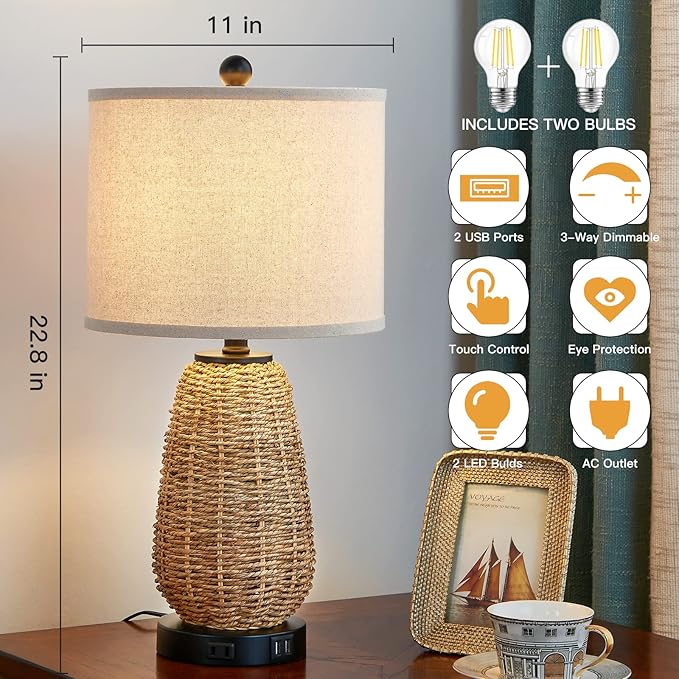 Touch Control Rattan Table Lamps, 3 Way Dimmable Bedside Lamps for Bedroom Set of 2 with 2 USB Ports and AC Outlet, Grass Rope Nightstand Lamps for Living Room Office (2 LED Bulbs Included)