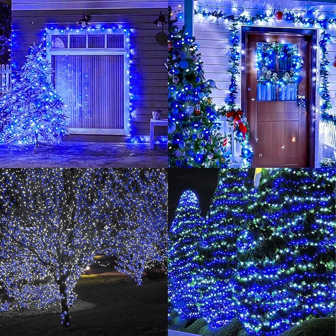 LAMPHOME 33ft Christmas Decorative Mini Lights, 100 LED Green Wire Fairy Starry String Lights Plug in, 16 Lighting Modes for Outdoor Xmas Tree Wedding Party Decoration (White+Blue)