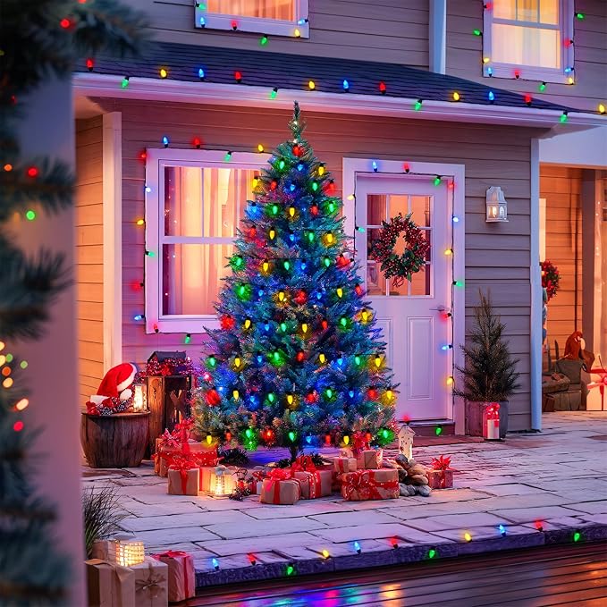 JMEXSUSS 100 LED C9 Christmas Lights Outdoor: 66 FT 8 Modes Plug in Connectable C9 Christmas Tree Lights for Roof Garden House（Multicolor）