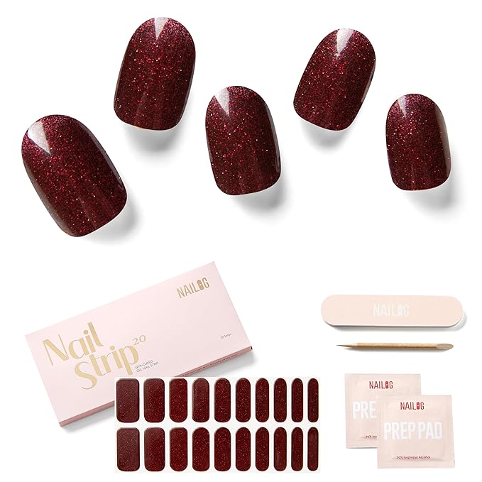 NAILOG Semi Cured Gel Nail Strips, 20Pcs Dark Red Gel Nail Stickers, Salon Quality Easy Apply & Remove Works with Any UV/LED Nail Lamps, Red Carpet
