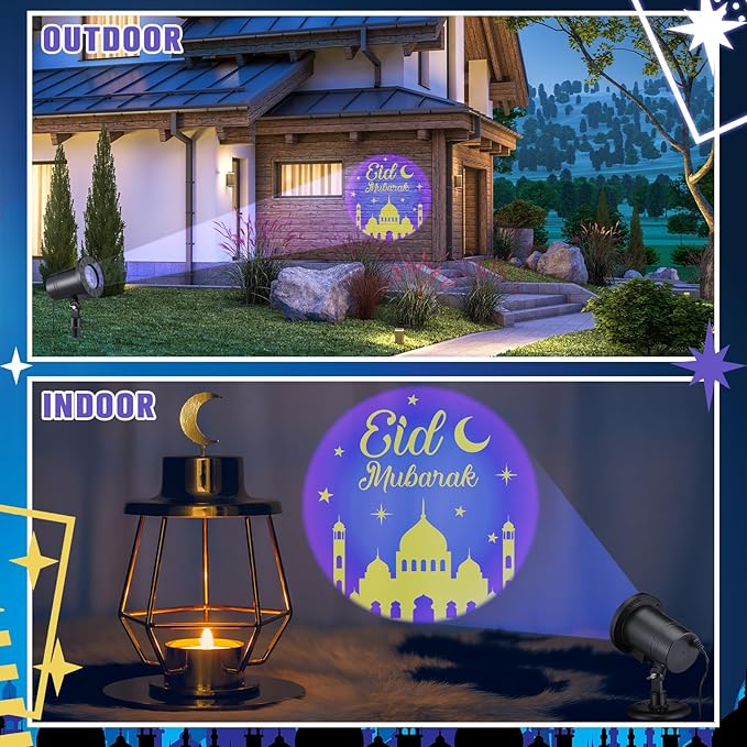 Eid Mubarak Decorations Outdoor Ramadan Projector Lights Outdoor Christian Muslim Moon Star Holiday Decorative Lights for Garage Yard Garden Porch Door Wall Indoor Decor