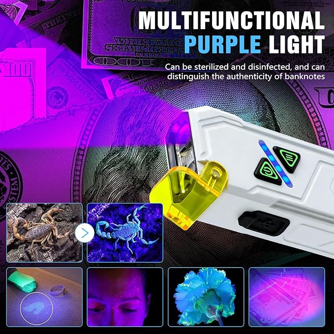 EDC Rechargeable Flat Flashlight 1000 Lumens White LED/UV/RGB Ambient Signaling Flashlights, Magnetic Clip on Pocket Light for Outdoors, Emergency, Working (White, Compact)