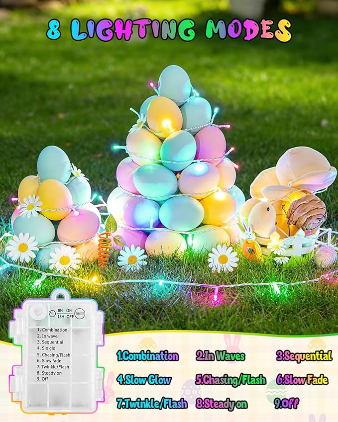Easter String Lights Battery Operated Pastel with Timer Waterproof 8 Modes 16.4ft 50 LED Easter Decorations for Outdoor Indoor Patio Party Garden Yard Decor