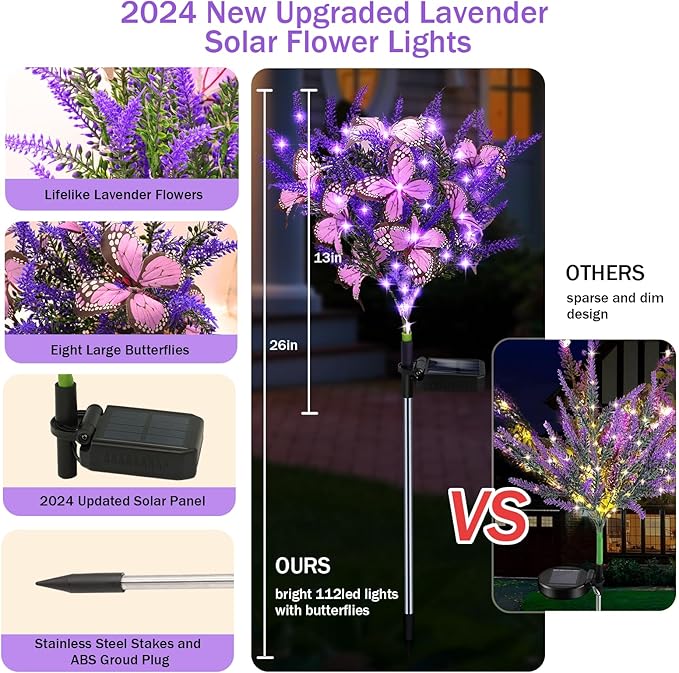 Solar Garden Lights Outdoor, 6 Pack Purple Lavender Solar Butterfly Lights Gardening Gifts for Women,Artificial Flowers Light Purple Halloween Garden Decor for Patio Yard Lawn Christmas
