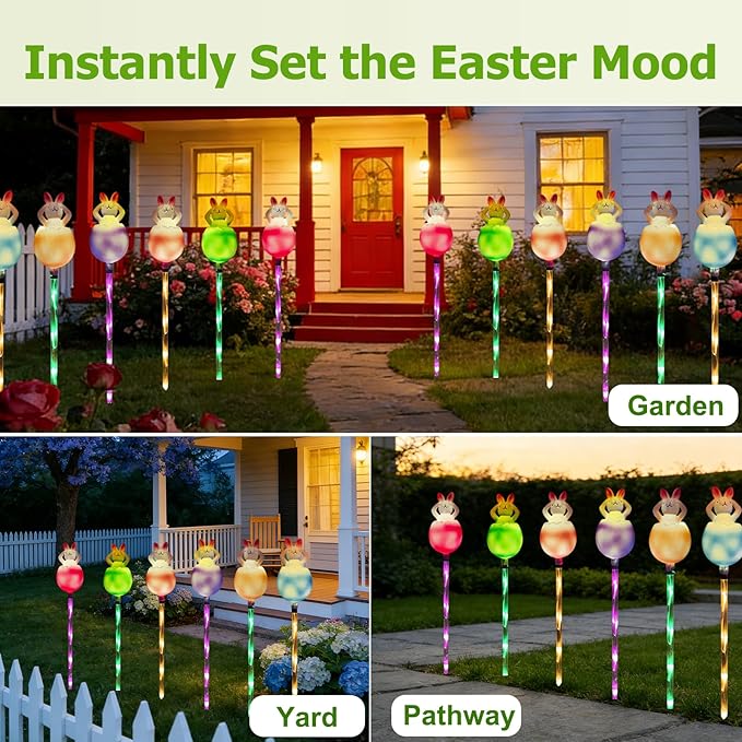 AVEKI 6 Pcs Easter Bunny Solar Pathway Lights Outdoor, Stake Lights with 8 Lighting Modes, Waterproof Outdoor Garden Lights for Easter Decorations Yard Pathway (Bunny)