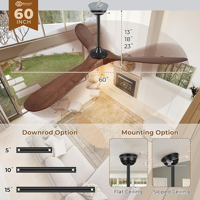 60" Outdoor Ceiling Fans with Lights and Remote Control, 3 Blade Ceiling Fan with Lights High CFM Quiet Wood Walnut Outdoor Fan, Propeller Ceiling Fan for Outdoor/Indoor/Patio,Deep Walnut