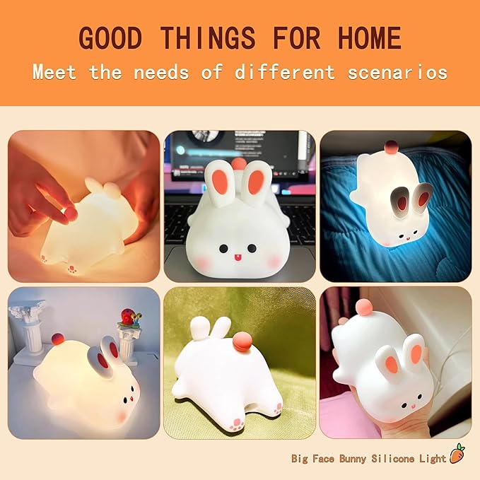 Squishy Bunny Night Light for Kids, Cute Big Face Rabbit Silicone Lamp with Timer Dimmable 3 Brightness, Easter Nursery Nightlight Portable Bedside Touch Lamp for Nightstand Bedroom Living Room Home ﻿