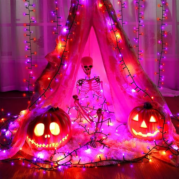 Purple Orange Halloween String Lights Battery, Total 20Ft 400 LED Cluster String Lights with Timer 8 Modes Firecracker Lights Outdoor Waterproof for Tree Home Decor