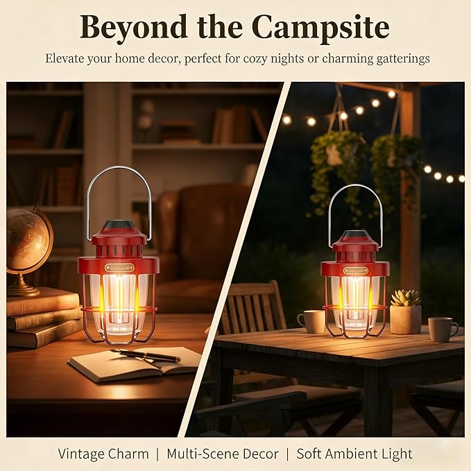 HOMY Vintage Camping Lantern Premium Metal LED Rechargeable Dimmable Warm Light for Glamping, Patio, Home Decor Retro Portable Tent Lamp
