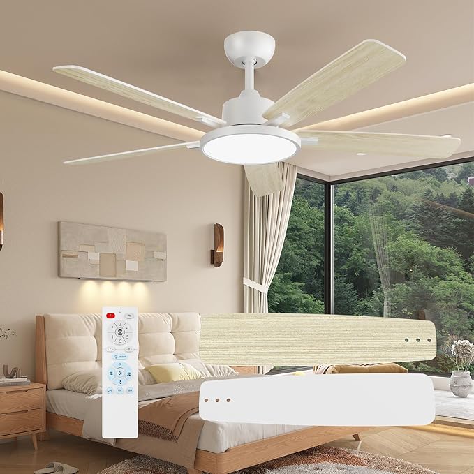 TALOYA 52 Inch White Ceiling Fans with Lights Led Back Light Remote Control Flush Mount Low Profile for Bedroom Living Room Outdoor Patio,Reversible,DC Motor,3 Color Temperatures,5 Blades