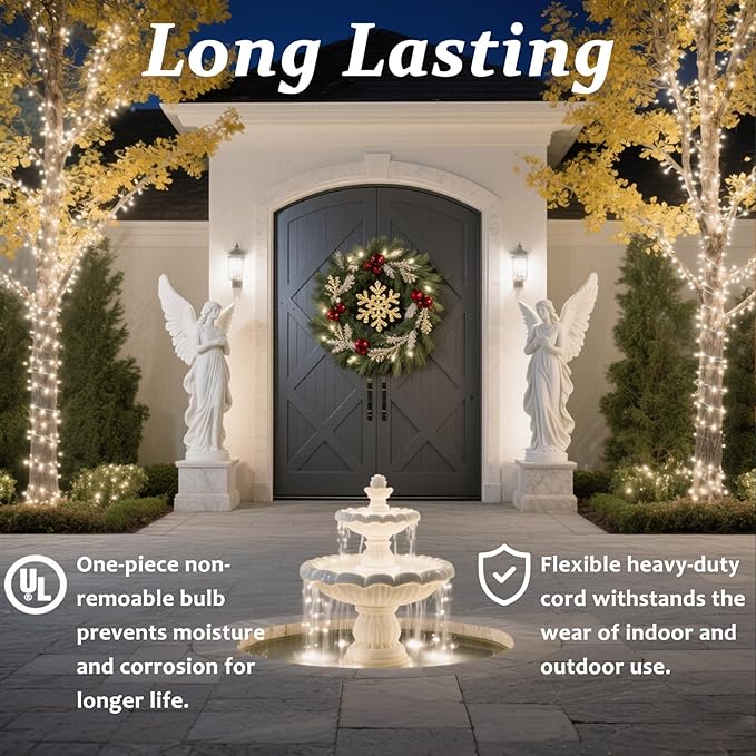 100 Counts LED Christmas Lights Outdoor - 50FT Warm White LED Christmas Lights Commercial Grade Outdoor Waterproof, White Wire Mini Plug in, 5mm Wide Angle Indoor for Xmas, Tree, UL Certified