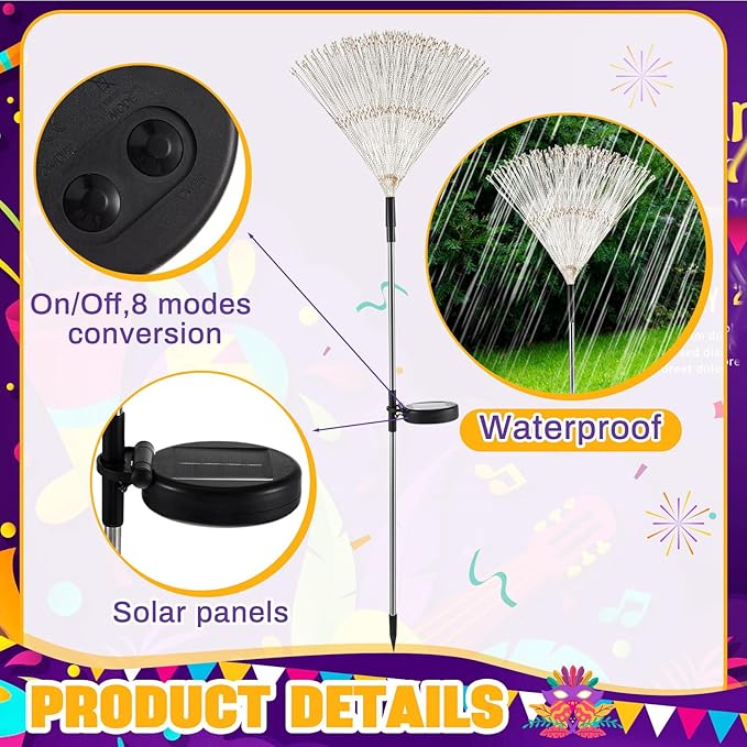 9 Pcs Mardi Gras Solar Firework Lights Solar Lights Outdoor Garden 120 LED 8 Modes Waterproof LED Sparkler Outdoor for Carnival Patio Yard Pathway Walkway (Purple,Yellow,Green)