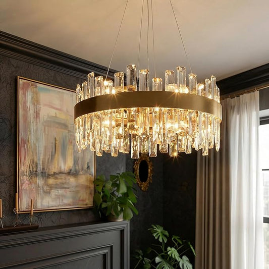 12-Light Modern Crystal Chandelier, 19.7'' Gold Chandelier Light Fixture, Brushed Gold 2-Tiers Raindrop K9 Crystal Ceiling Light Adjustable Round Chandeliers for Dining Room Bedroom Bathroom Entryway