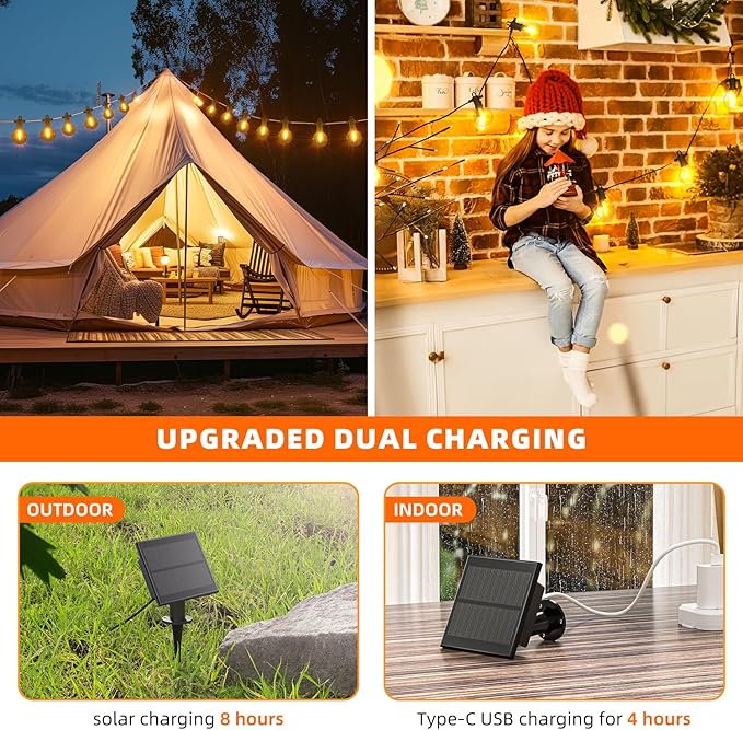 Kawaya Solar Powered String Lights for Outside, Outdoor IP65 Waterproof LED Patio Light with USB-Charging, Shatterproof Edison Hanging Lights for Bistro Yard Cafe Porch Camping (Solar-Powered 50FT)