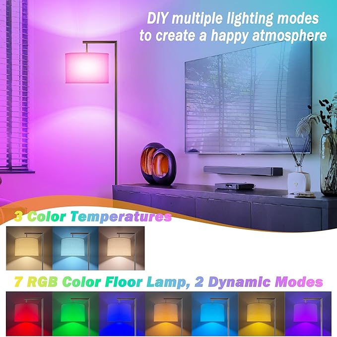 Modern Battery Operated Floor Lamp Cordless for Living Room, 10000mAh RGB Dimmable Lamp with Remote Control Lighting time up to 50 hrs, Tall Standing Floor Lamp for Bedroom, 2 Bulb