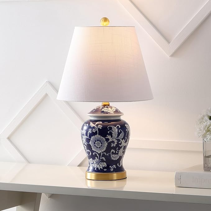 JONATHAN Y JYL3005D Penelope 22" French Country Cottage Ceramic/Iron Chinoiserie Ginger Jar LED Table Lamp, Navy/White for Bedroom, Living Room, Office, College
