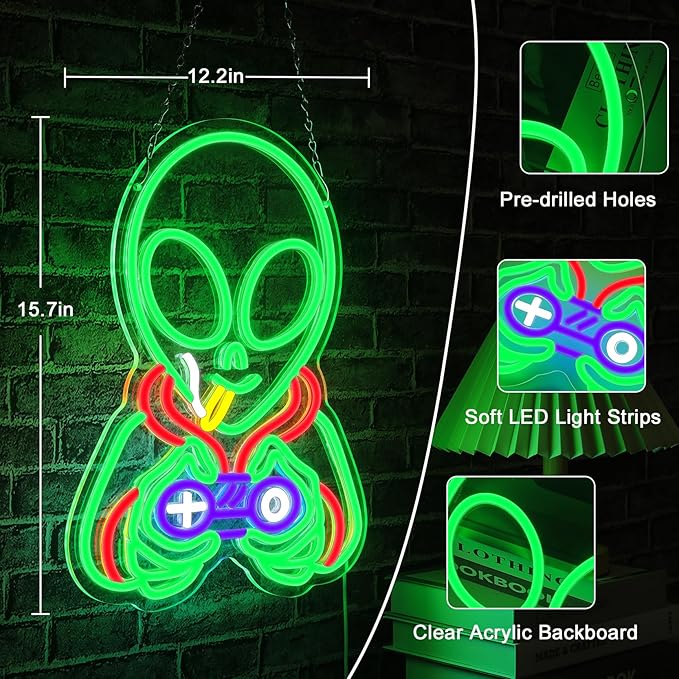 Alien Neon Signs for Wall Decor,Dimmable Alien Playing Games Led Lights Signs for Bedroom Man Cave Game Room Home Bar Party Decor,USB Powered Alien Neon Light for Boys Birthday Gifts 15.7X12.2 in