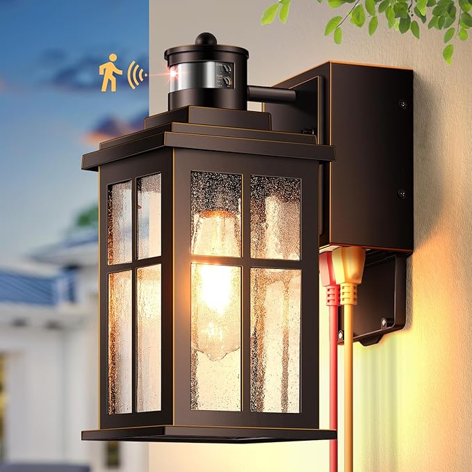 Gleamz Motion Sensor Outdoor Sconce Lights with GFCI Outlet, Farmhouse Oil Rubbed Bronze Gold Trim Dusk to Dawn Exterior Lighting Fixtures Wall Mount for House, Anti-Rust Front Porch Light for Garage