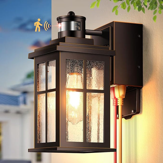 Gleamz Motion Sensor Outdoor Sconce Lights with GFCI Outlet, Farmhouse Oil Rubbed Bronze Gold Trim Dusk to Dawn Exterior Lighting Fixtures Wall Mount for House, Anti-Rust Front Porch Light for Garage