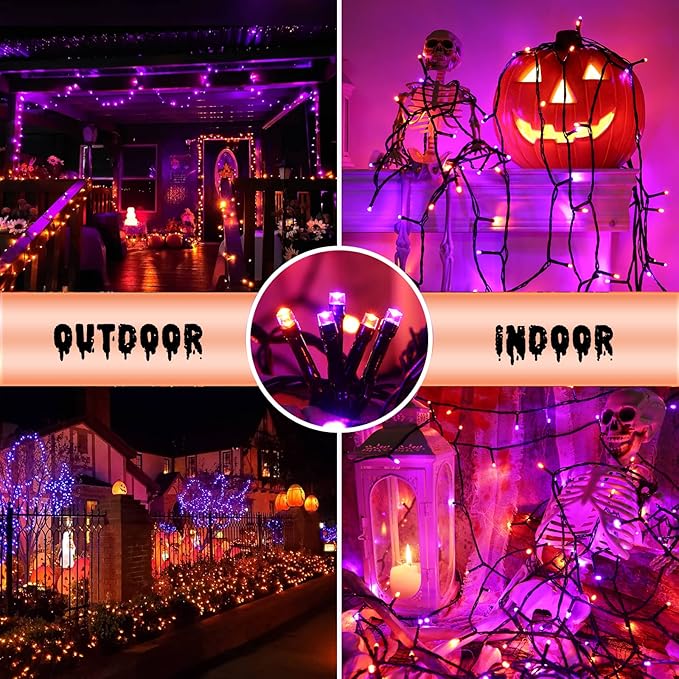 Orange and Purple Halloween Lights, 82ft 200 LED Connectable Halloween String Lights with 8 Modes, Waterproof Plug in Orange Purple String Light for Party, Garden, Indoor Outdoor Spooky Decorations