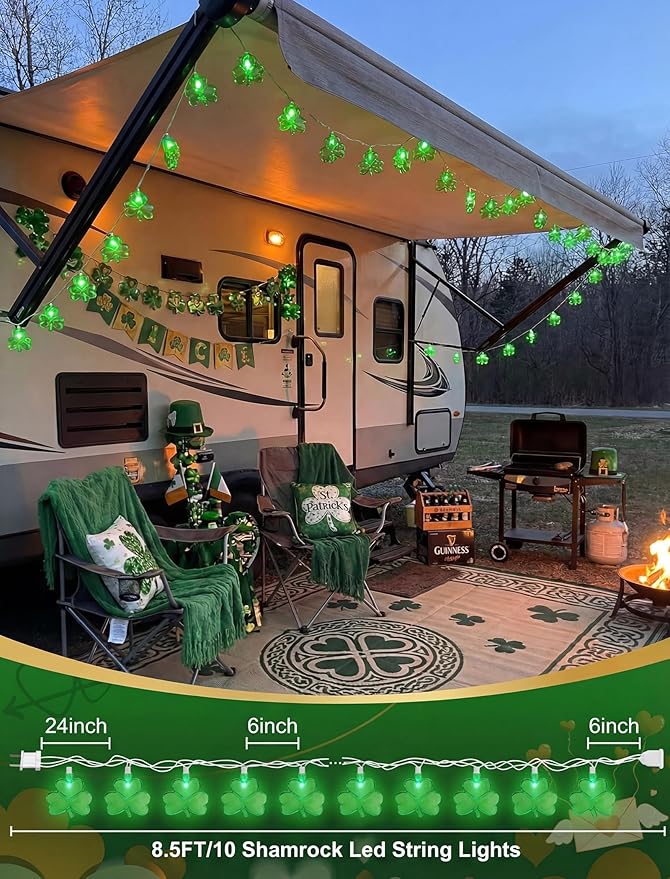 Outdoor St. Patrick's Day String Lights, 8.5Ft St. Patrick Decoration Lights with 10 Clover Lights, Plug in Shamrocks Lights Indoor for Garden Bedroom Birthday, Green Clover Decor
