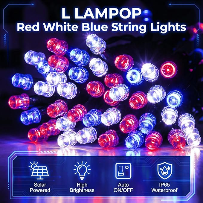 Solar Red White Blue String Lights 46FT 120LED Patriotic Light with 8 Modes Waterproof Solar Powered Outdoor Lights for 4th of July Memorial Day Independence Day Garden Patio Party Decor