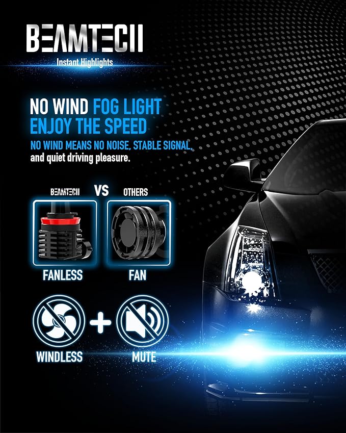 BEAMTECH 9005 H11 Bulbs, Fanless In Line HB3 H8 H9 Fog Light Bulb 6500K Xenon White Fog Light Of 4
