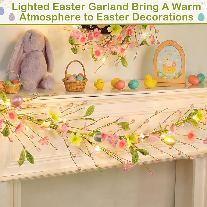 6 Ft Lighted Easter Garland Easter Decorations, Easter Egg Garland with 20 LED Lights Timer Flowers Berried Green Leaves Artificial Spring Garlands Battery Operated for Home Table Mantle Holiday Decor