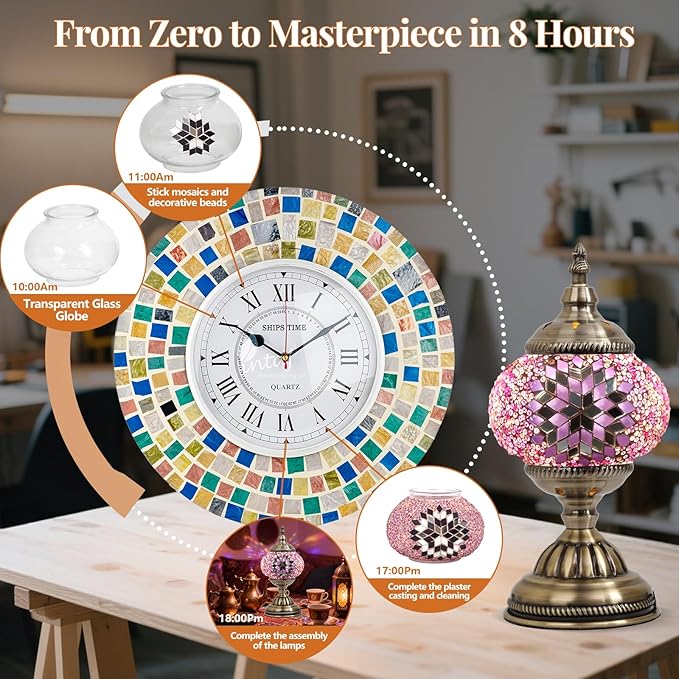 DIY Turkish Mosaic Lamp Kit, Stained Glass Table Lamp Making Kit- Easy and Fun, No Experience Needed, Mosaic Art & Craft Project Kits for Adults & Teens, Make Your Own Table Lamp,Pink
