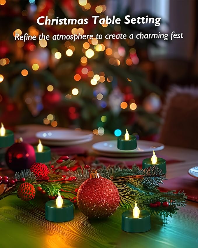 Green LED Candles, 24 Pack Tea Lights Candles Battery Operated, Flameless Tealight Candle, Realistic Tea Lights for Halloween Christmas Party Decor Mardi Gras